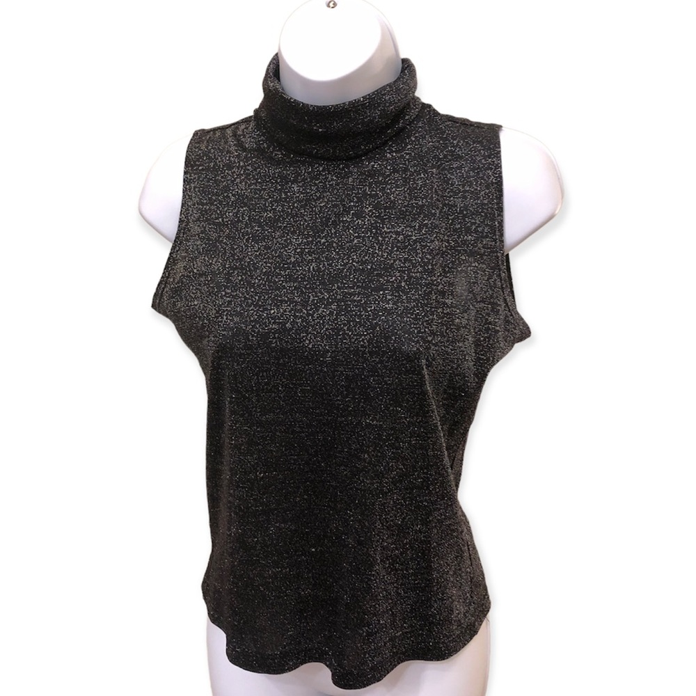 Black Tight Sparkly Sleeveless Turtleneck Stretchy Casual or Formal